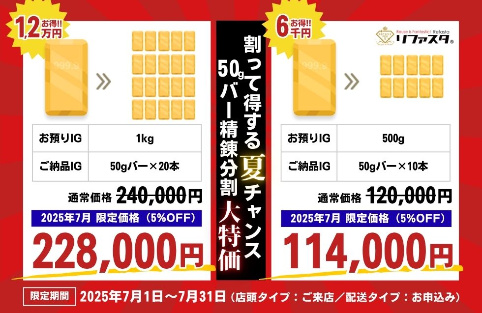 2025年7月限定！50gバーへの精錬分割加工費用、5%OFF